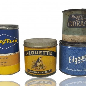 #57416 - 12$ à 20$ ch. Lot de contenants, boîtes à tabac et autres, Alouette, Good Year 