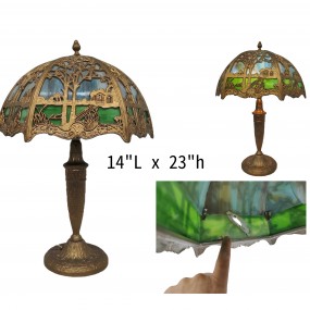 #58623 -  Tiffany-style stained glass lamp, gold-tone base, cracked panel (see pic)