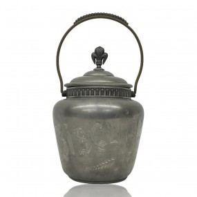 #59926 - Engraved pewter cookies pot with lid & handle, Victorian style #59926 - Engraved pewter cookies pot with lid & handle, Victorian style
