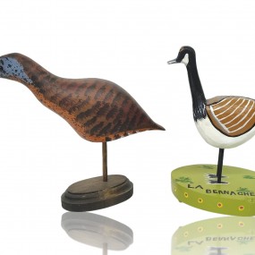 #60001 -  Oiseaux sculptés, bécasse et outarde, sculptures art populaire signées Pierre Alarie et Réjean Pétrin