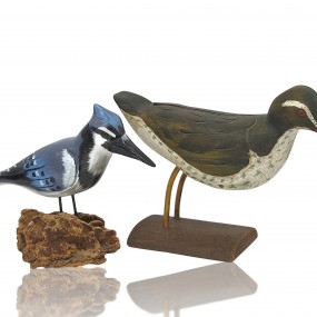 Vintage wooden carved birds, folk art sculptures