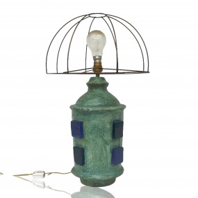 #61582 -  Lampe sculpturale verte avec abat-jour filaire, poterie 