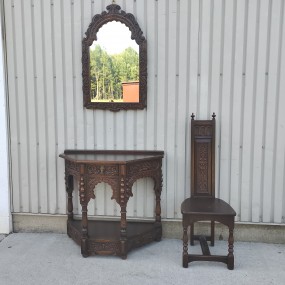 #62226 -  Ensemble table demi-lune, miroir et chaise en chêne
