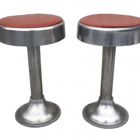 #63038 -  Pair of vintage chrome metal stools with red seats, stools