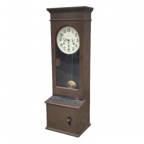 #63057 -  Vintage Simplex time clock housed in a wooden case with visible mechanism and pendulum.