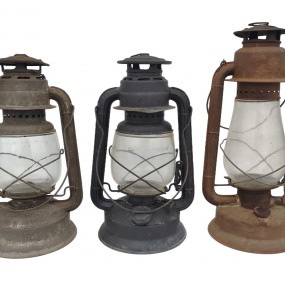 #63017 -  Antique metal hurricane lanterns with glass globes.