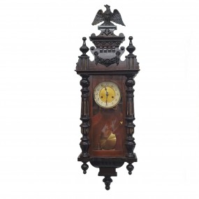#63079 -  Ornately carved antique wooden wall clock with pendulum.