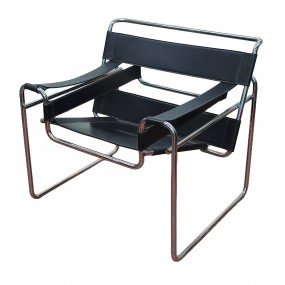 #63144 - 485$ Fauteuil, chaise mid-century modern de style Marcel Breuer (Wassily) en cuir noir et chrome