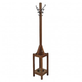 Antique wooden hall tree with metal hooks and umbrella stand