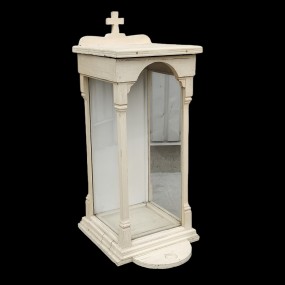 Antique white-painted wooden religious statue display case topped with a cross.