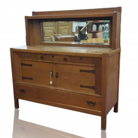 Buffet antique en chêne avec miroir biseauté, style art & craft