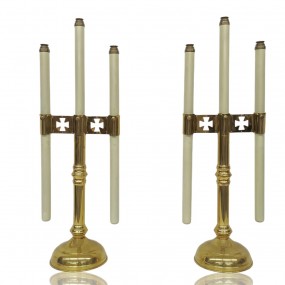 Brass church candle holders, 3-light with cross details