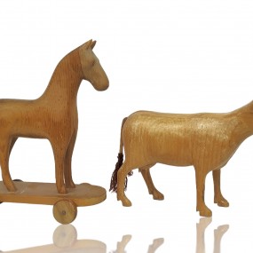 Wooden horse and cow carving, folk art sculptures