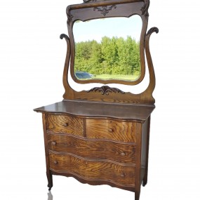 Coiffeuse antique en chêne, bureau avec miroir biseauté