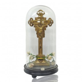 Gilded crucifix under glass dome, antique devotional piece