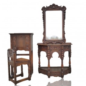 Set of oak furniture, chair, table, miror and desk