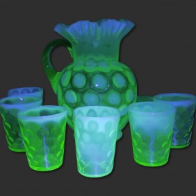 Uranium coin spot opalescent pitcher and glasses 