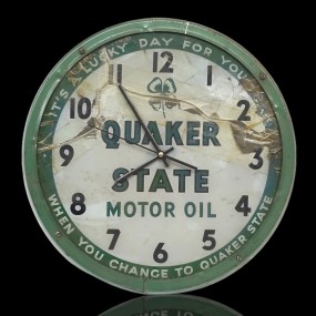 Horloge publicitaire Quaker State motor, vitre craquée 