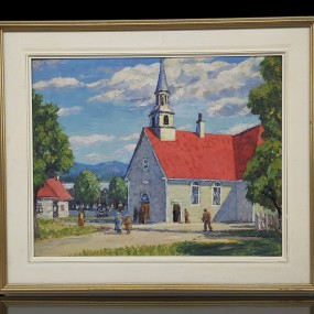 Oil on masonite signed Fleurimont Constantineau, St-Pierre church, île d'Orléans, tableau, peinture  