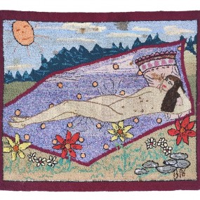 Folk art vintage hooked rug 