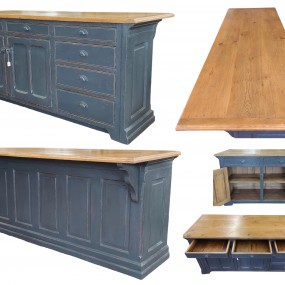 Magnifique îlot de cuisine, comptoir lunch, création à partir d'anciens matériaux 