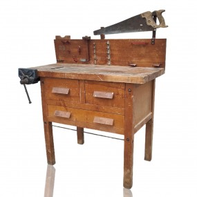 Wooden workshop bench with vise and original drawers