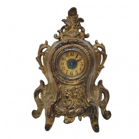 Petite horloge de table ancienne en métal richement ornée, finition dorée.