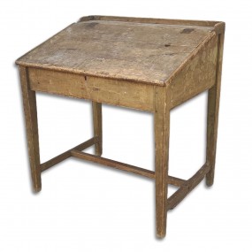 Pupitre antique en pin, piétement à traverses, bureau 