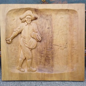 Folk art low relief carving, sculpture signed Janet Thibault