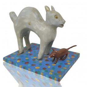 Sculpture art populaire, chat et sa souris sculptés en bois 