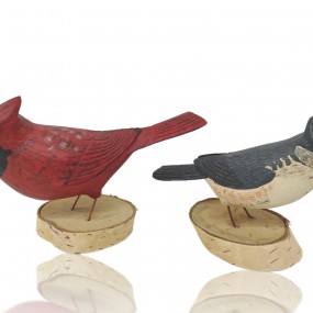 Sculptures art populaire signées Léo Chagnon, oiseaux sculptés en bois ( rouge vendu)  