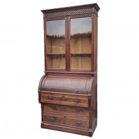 Antique wooden cylinder roll-top secretary with glass-door bookcase