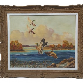 Painting depicting a duck hunting scene, signed Pierre Clossey de Comines, Oil on canvas