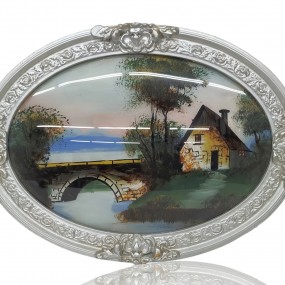 Reverse glass painting, cottage and bridge scene