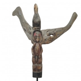 Tribal wooden carving with bird and figure, unique piece