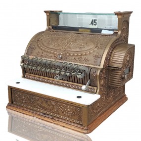 Brass National cash register with white marble base