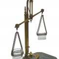 Antique brass precision balance with glass pans and marble base. - 3