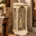 Antique white-painted wooden religious statue display case topped with a cross. - 2