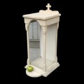 Antique white-painted wooden religious statue display case topped with a cross. - 3
