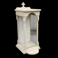 Antique white-painted wooden religious statue display case topped with a cross. - 1