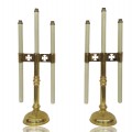 Brass church candle holders, 3-light with cross details - 1
