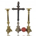 Antique brass crucifix and candlesticks set, ornate design - 2