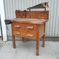 Wooden workshop bench with vise and original drawers - 6