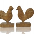 Poule et coq sculptés en bois, sculptures art populaire  - 1
