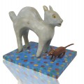 Sculpture art populaire, chat et sa souris sculptés en bois  - 1