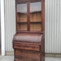 Antique wooden cylinder roll-top secretary with glass-door bookcase - 8